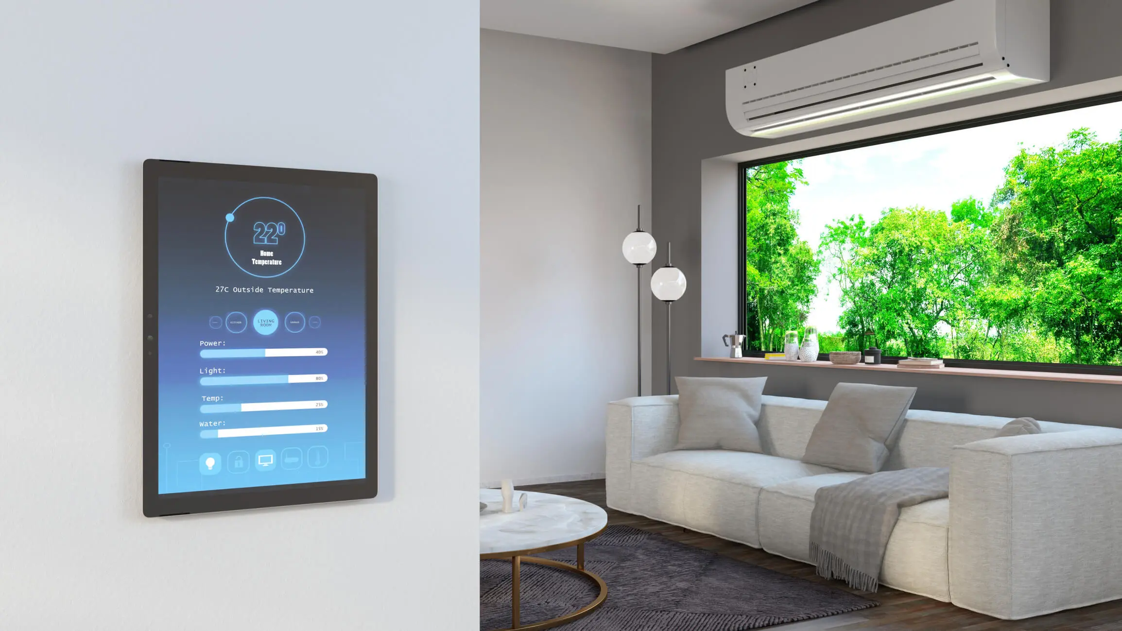Modern living room with smart thermostat on the wall and a cozy sofa by the window.