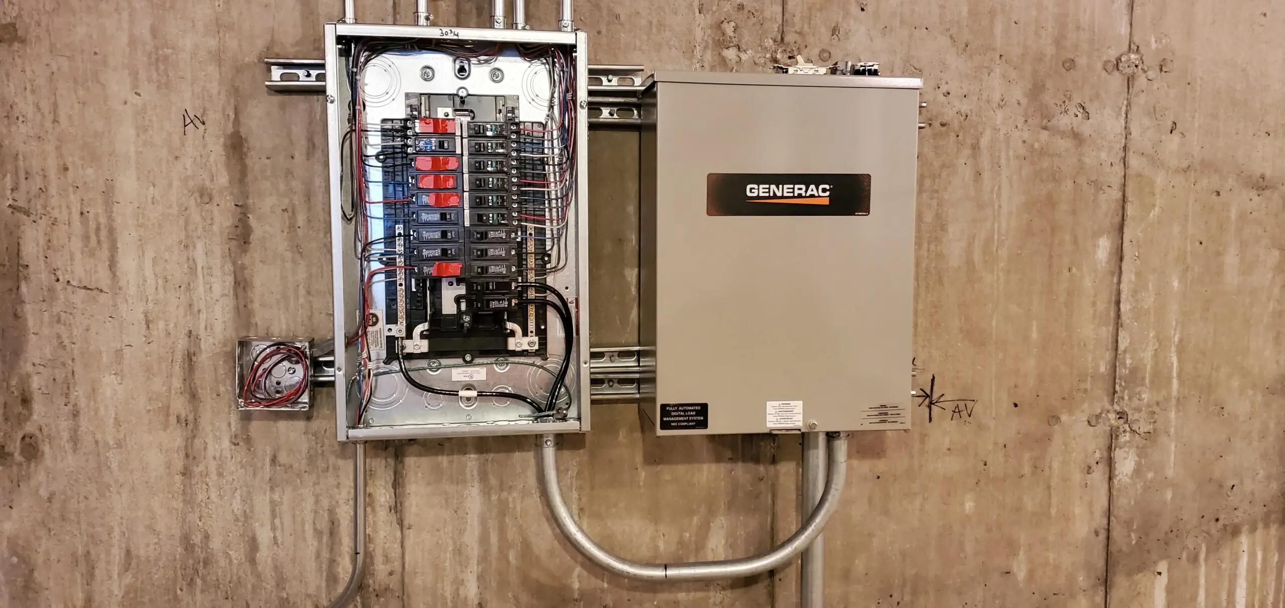 Open electrical panel with circuit breakers and a closed Generac transfer switch box.