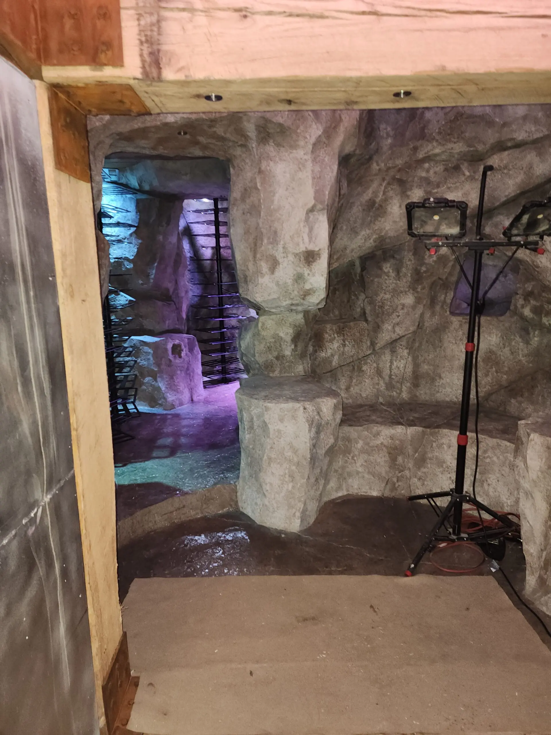 Dimly lit rustic stone room with a coat rack and glowing purple light.