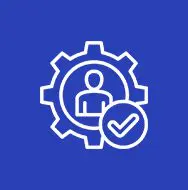 Icon of a gear with a person and a checkmark on a blue background.
