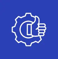 Blue logo with a gear and thumbs-up symbol.