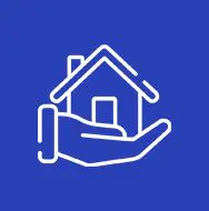 A hand holding a house icon on a blue background.