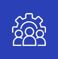 White team and gear icon on blue background symbolizing teamwork and collaboration.