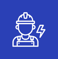 Icon of an electrician with a lightning bolt on blue background.