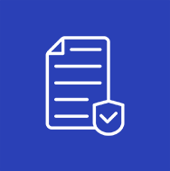 Icon of a document with a shield symbol on a blue background.