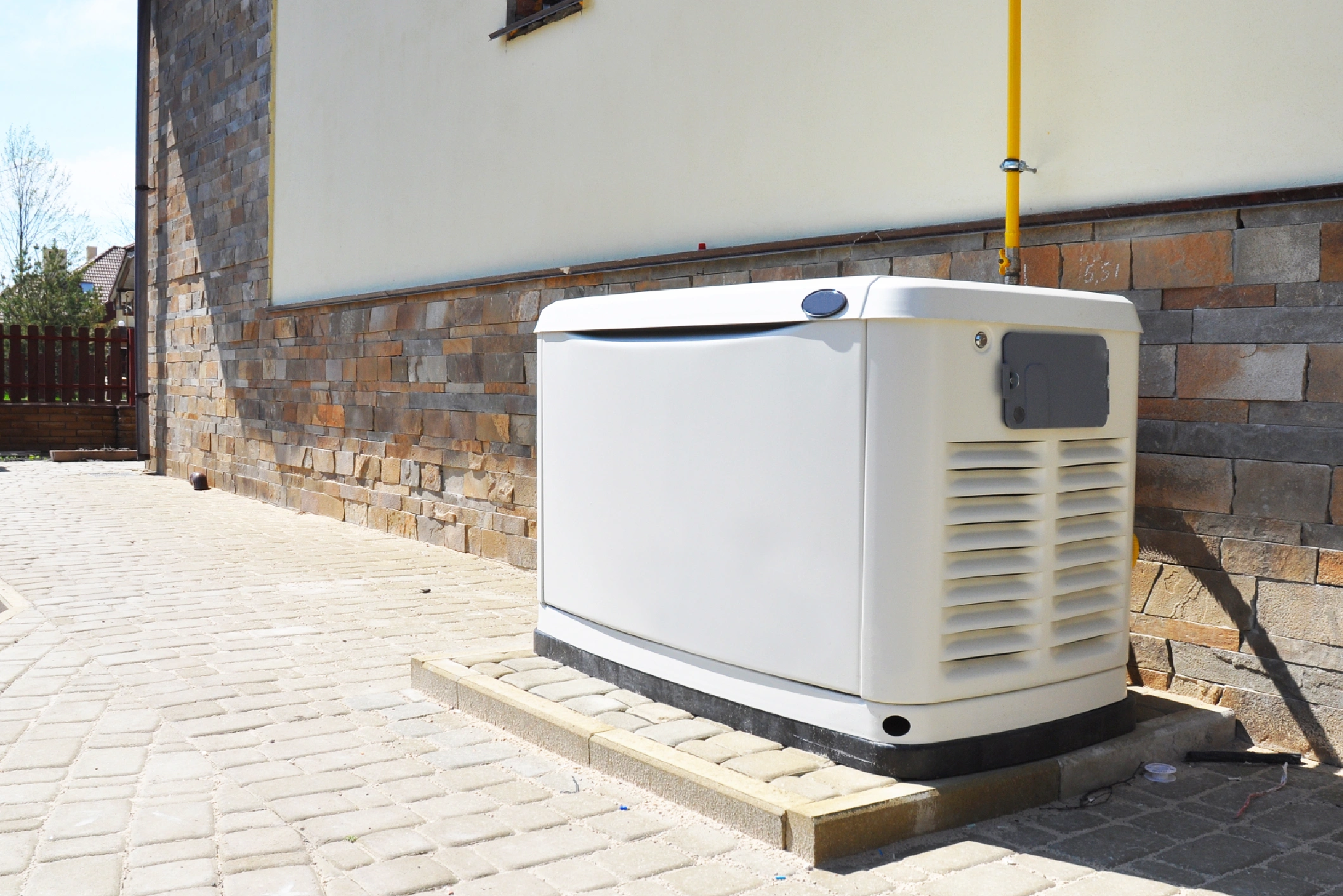 White generator placed on wooden pallets outdoors near a brick wall.